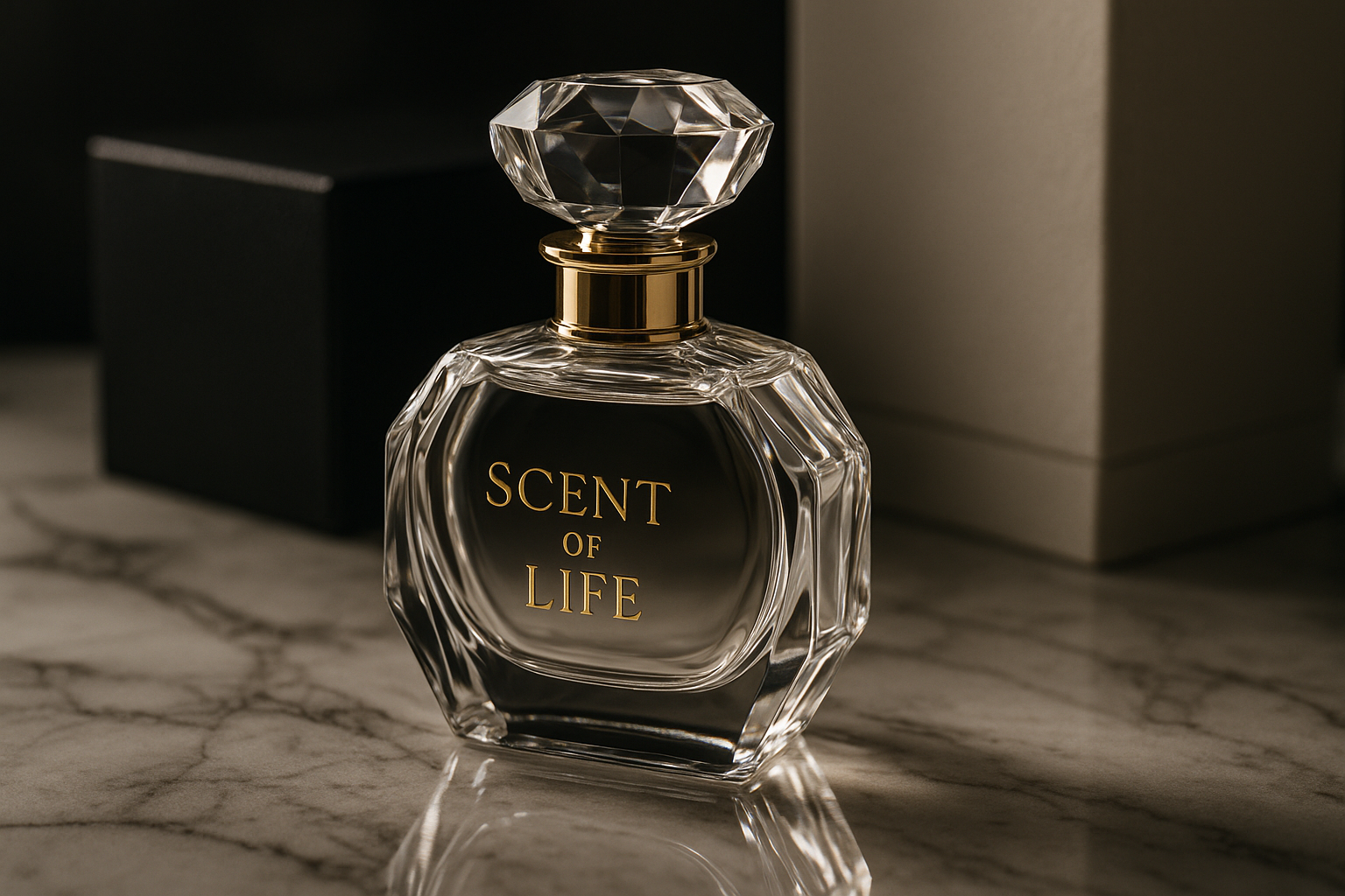 luxury 8k result of image of perfume bottel and mention perfume name on bottel scent of life
